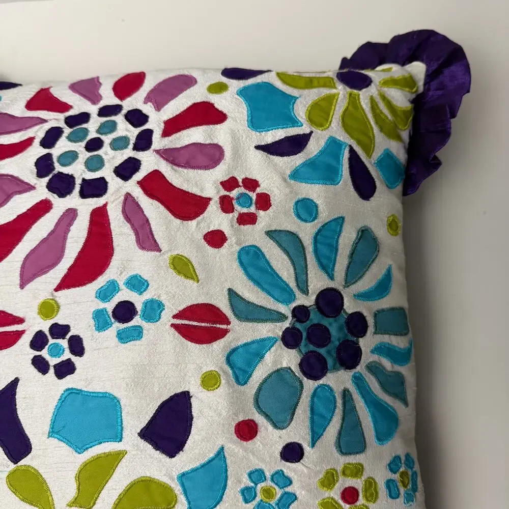 Pier 1 Imports Colorful Floral Applique Throw Pillow Ruffle 15x15 Purple Blue